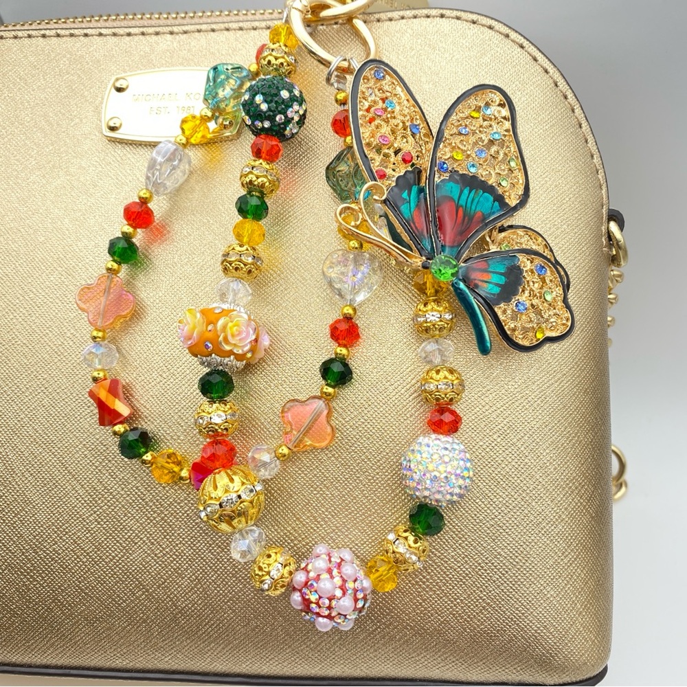 🧡Luxury Bag/Phone Chain Charm/Keychain Colorful Filigree Butterfly Orange Beads